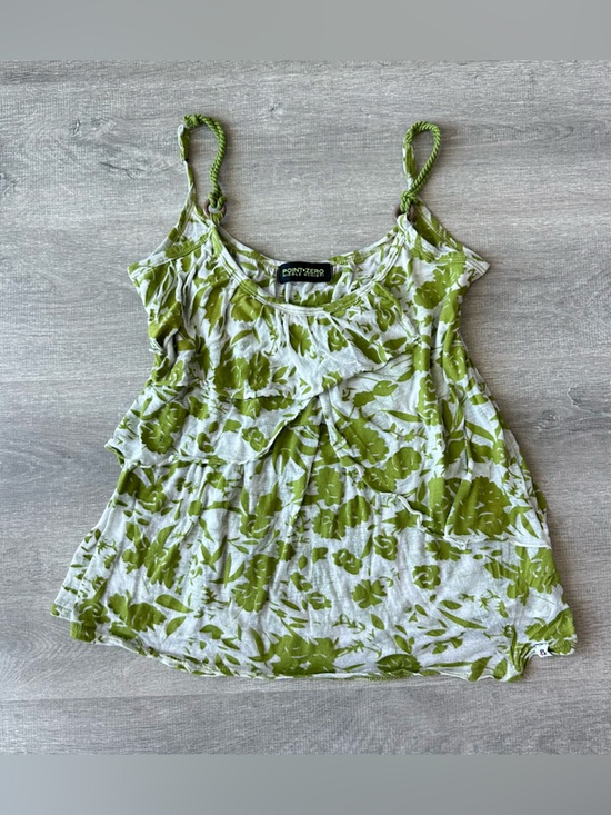 Point Zero Tops - Point Zero Green Floral Tiered Spaghetti Strap Tank Top Vintage